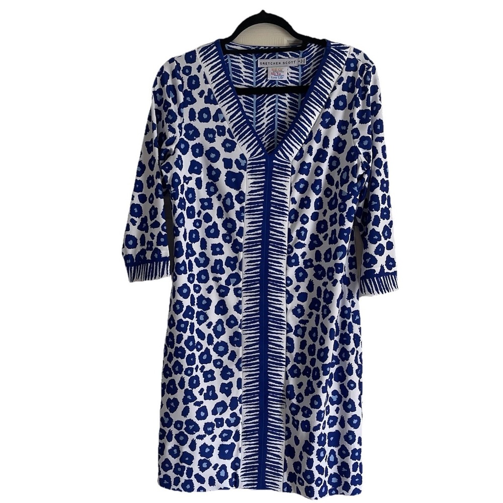Gretchen Scott Wildcat Bordertown Dress Small Blue White Jersey Leopard Scuba